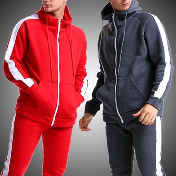 

2020 fashion color matching men s hoodies tracksuits set men striped zipper hoodies pants suit male casual hooded sweatshirt set lj201126, Gray