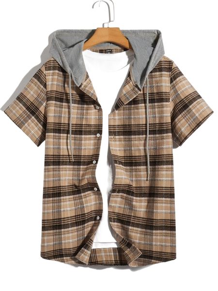 

men plaid print drawstring hooded shirt without tee r9ck#, White;black
