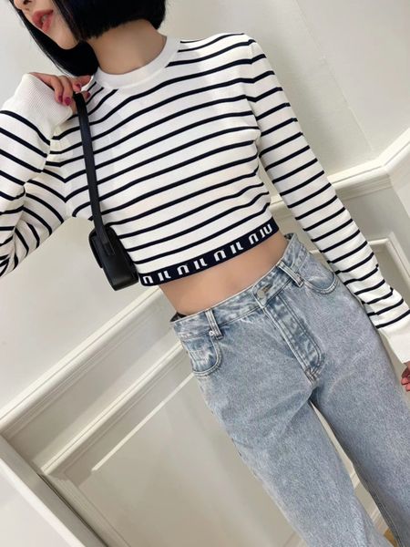 

women's sweaters designer miao's 2022 spring and autumn new ribbon letter contrast design waist closing long sleeve round neck str, White;black