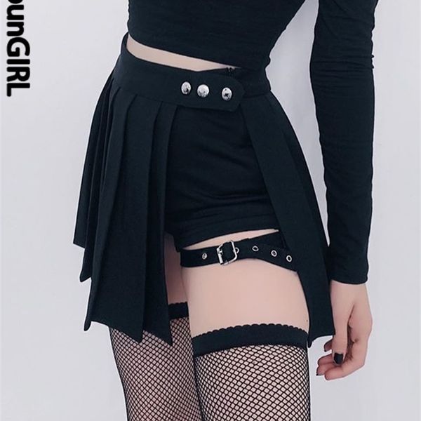 

heyoungirl gothic harajuku pleated skirts women with leg ring black high waist short skirt summer punk casual mini skirt ladies 220408