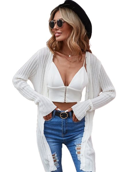 

scallop trim ribbed knit cardigan 1796#, White;black