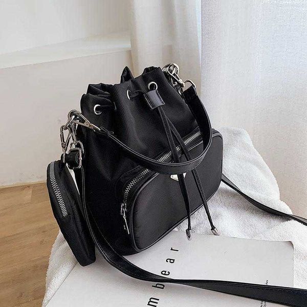 

designer-fashion bucket shoulder bag women drawstring crossbody bag female messenger bags ladies nylon handbag j4os