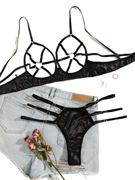 

cut-out heart ring linked lingerie set e3lg#, Black;red