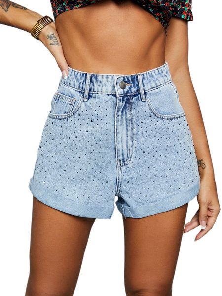 

rhinestone detail cuffed hem denim shorts y1nf#, White;black