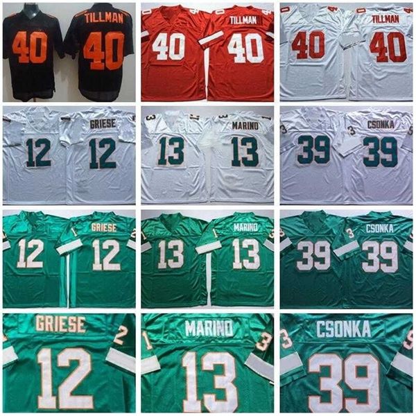 Chen37 NCAA Foobtall 40 Pat Tillman 12 Bob Griese 13 Dan Marino Jersey 39 Larry Csonka Black Red White Green Men Vintage All Cucited