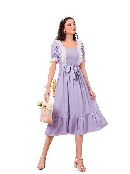 

contrast lace square neck puff sleeve ruffle hem belted dress 6208#, Black;gray