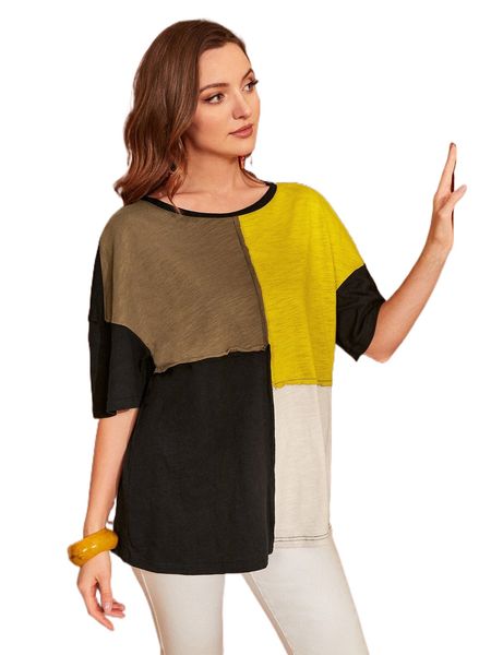 

colorblock titching drop shoulder tee c8o6#, White