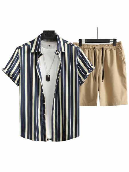 

men block striped shirt & drawstring waist shorts without tee l9et#, Gray