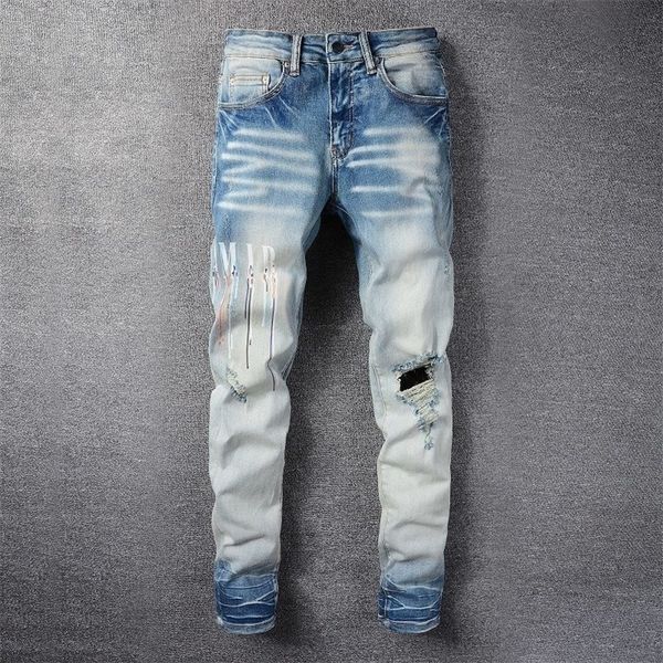 

graphic jeans men trousers fashion high street black multicolor letter print elastic motorcycle pants hip hop jean 220813, Blue