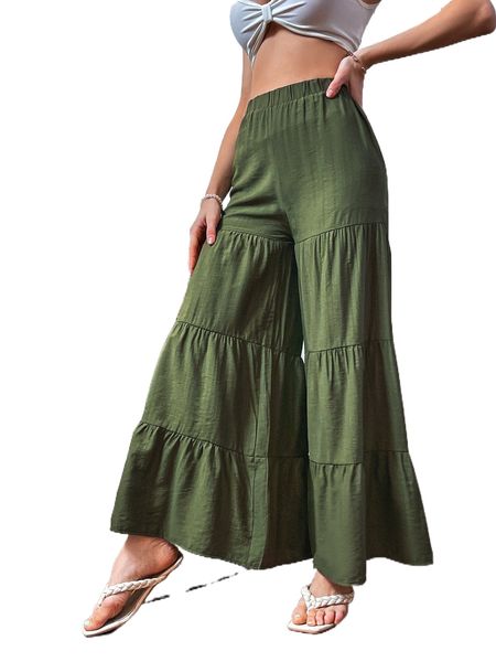

solid ruffle hem wide leg pants l1we#, Black;white