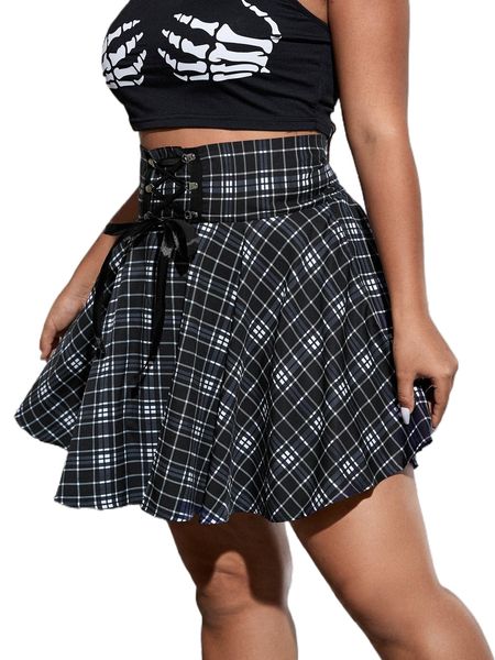 

plus plaid print lace up front skirt u9tg#, Black
