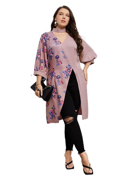 

x delic designs plus floral print keyhole neck asymmetrical hem c4fj#, Black