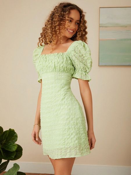 

puff sleeve ruched bust solid dress b1je#, Black;gray