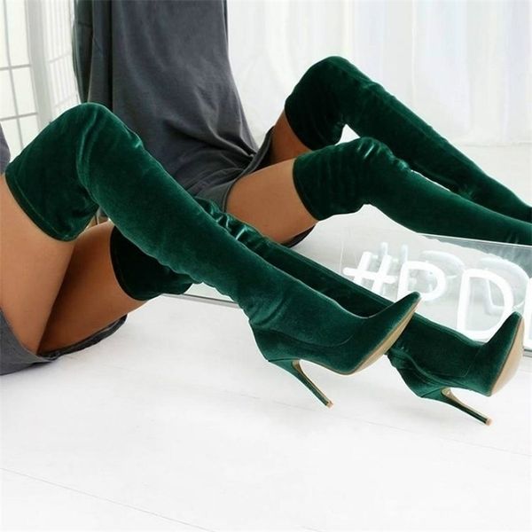 Moda sobre a bota de joelho longa sexy pontuda de cais fino coxa high fêmea rebanho elástico verde 211105