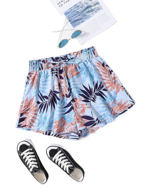 

plus tropical print paper bag waist tie front shorts f6pa#, Black