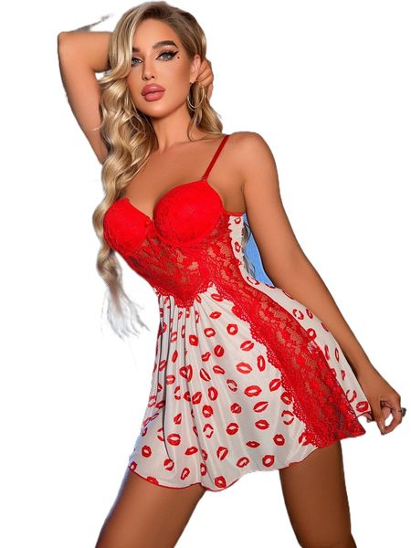 

lip print contrast lace mesh slips & thong l63p#, Black;red