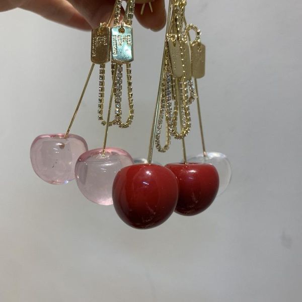 Lampadario pendente Coreano colore frutta ciliegia catena in resina trasparente diamante gancio per l'orecchio orecchini lunghi per le donne gioielli all'ingrosso di lussoDangl