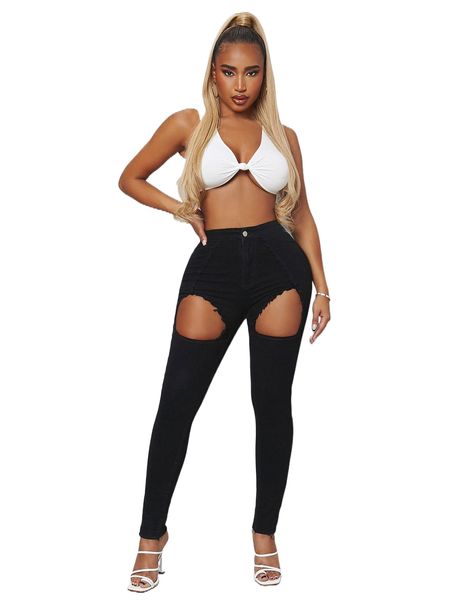 

sxy high waist cut out raw trim jeans c8j0#, Blue