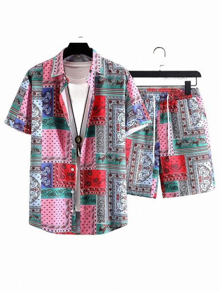 

men random patchwork print shirt & drawstring waist shorts without tee q2ln#, Gray