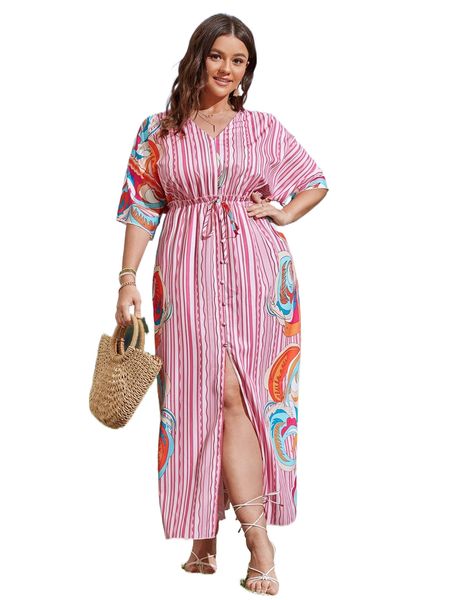 

plus striped & graphic print batwing sleeve frill trim tie front dress h4wy#, Black