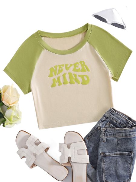 

colorblock & slogan graphic raglan sleeve crop tee g0dv#, White