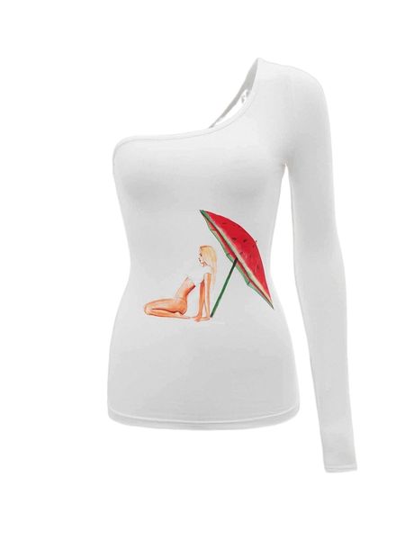 

x yang l mcdonald one shoulder watermelon & figure graphic tee m5wh#, White