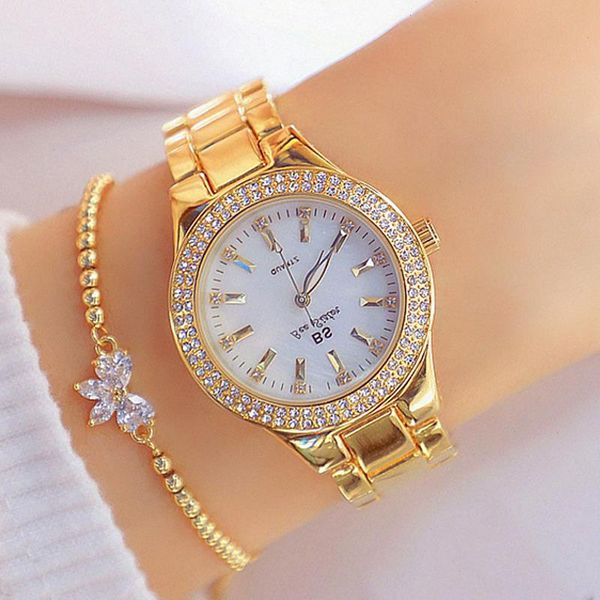 Gold Ladies Wrist Watches Dress Watch Women Crystal Diamond Aço inoxidável Silver Montre Femme Box