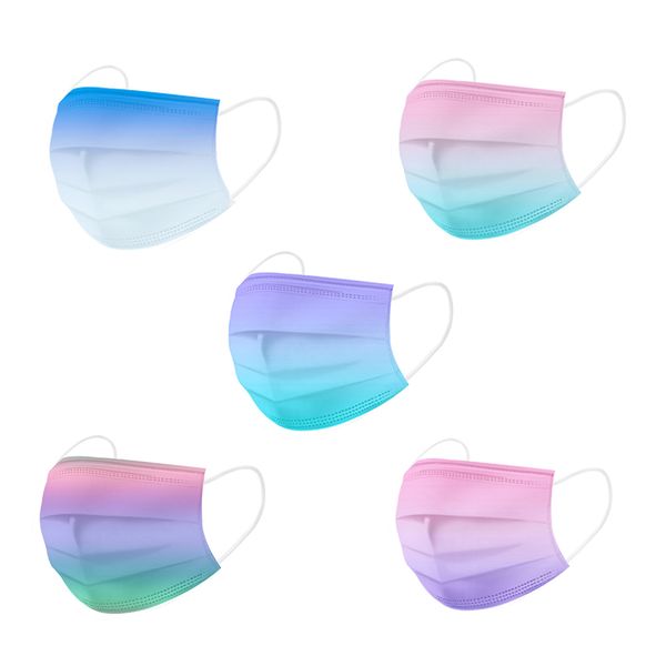 

disposable face masks breathable rainbow gradient pattern 3-ply non-woven cup dust masks with elastic earloop for adults women daily use