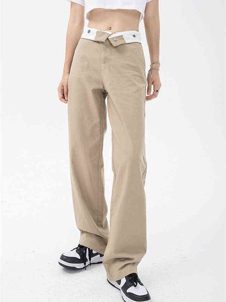 

khaki straight lapel jeans women's summer new american retro loose high waist thin design wide leg neutral denim pants female l220726, Blue