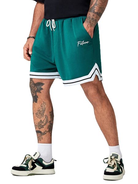 

extended sizes men letter graphic contrast trim drawstring waist shorts w3y3#, White;black