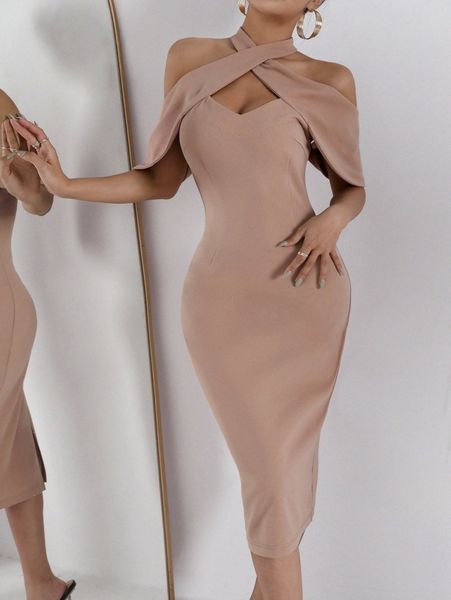 

sxy cross cold shoulder split back bodycon dress o3zo#, Black;gray