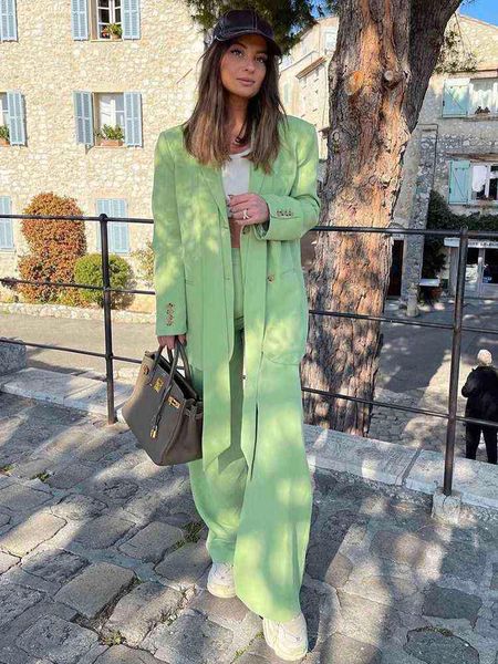 

2022 spring woman casual jacket office lady loose blazers suits long sleeve green coats straight pants piece sets l220714, White
