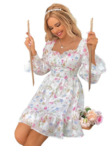 

allover floral print ruffle hem dress t5wt#, Black;gray