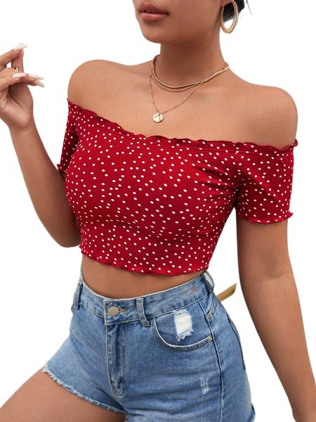 

polka dot print off shoulder lettuce trim crop tee v2e9#, White