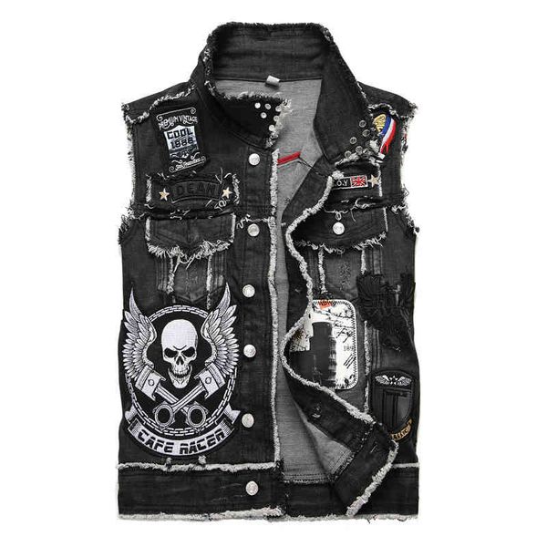 

new men's denim vest fashionable wash black embroidery skull clothes wear