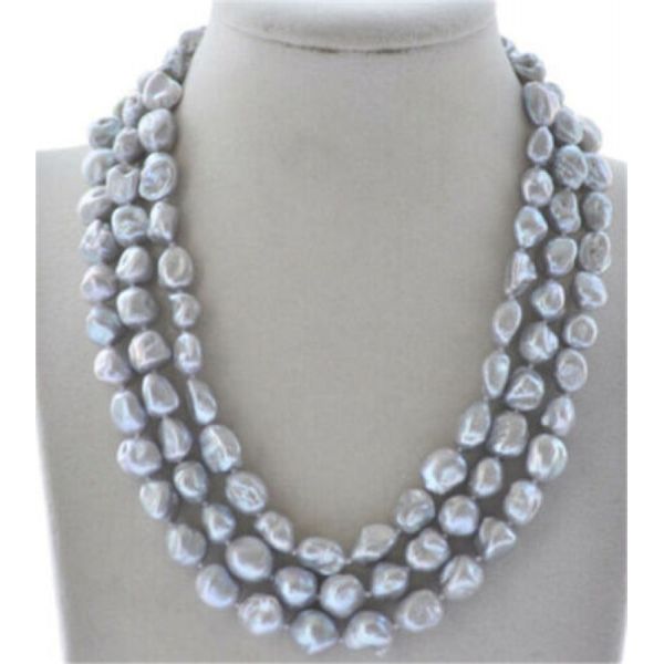 

3row 18&quot 11-12mm gray baroque keshi reborn pearl necklace cz buckle, Silver