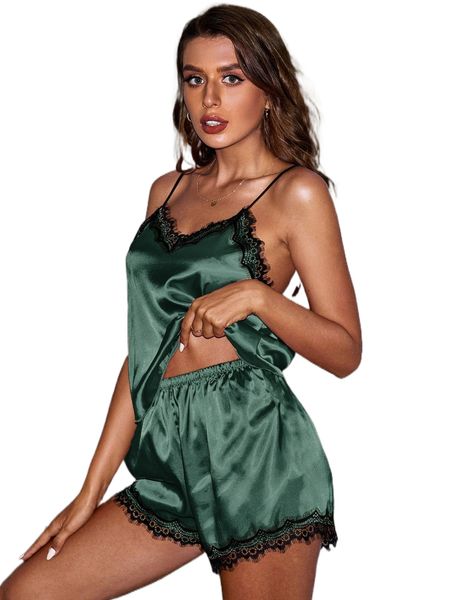 

lace trim satin cami & shorts pj set 98ao#, Black;red