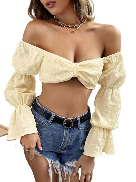 

off shoulder gather sleeve crop e3vu#, White