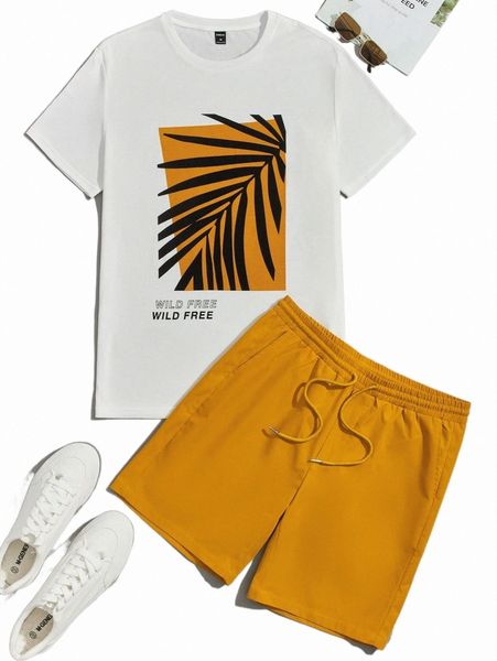 

men slogan & tropical print tee & drawstring waist shorts p4nj#, Gray