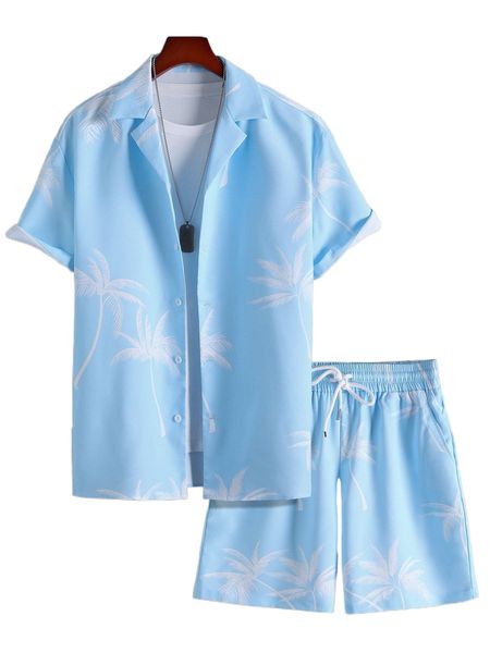 

men random palm tree print shirt & drawstring waist shorts without tee i3ck#, Gray