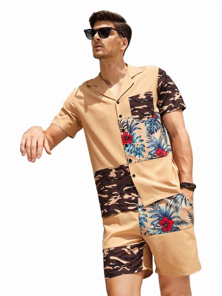 

men camo & tropical print patched pocket shirt & shorts l3xa#, Gray