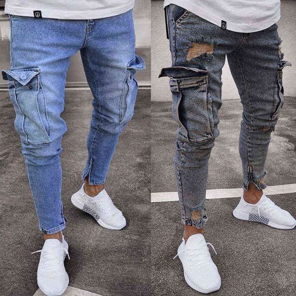 Mens jeans jeans bolso lápis calças de carga verão outono fino magro regular fita jeans homens elasticidade calças elasticidade masculino g0104
