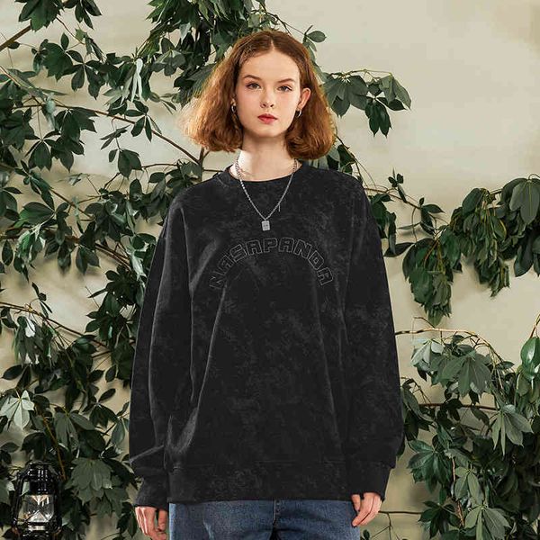 

embroidered letters nasa autumn round neck sweater trendy men and women loose large tie dyed terry cotton clothes, Black