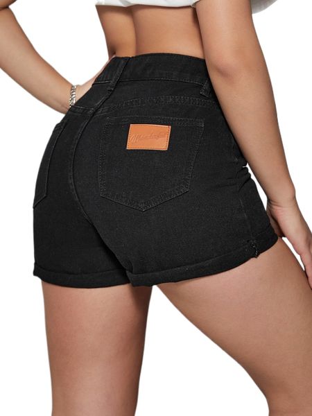 

letter patched roll up hem denim shorts 694s#, White;black