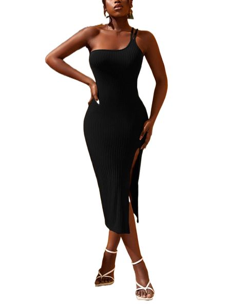 

split thigh one shoulder dress y0mg#, Black;gray
