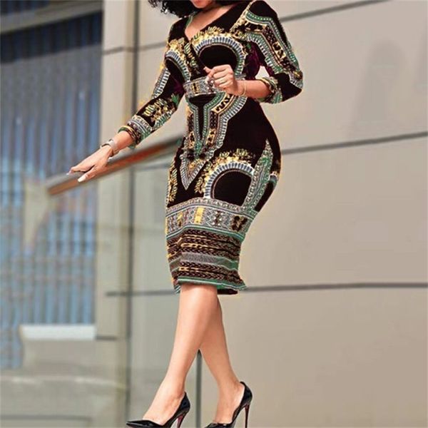Afrikalı bayanlar elbiseler zarif bilek yüksek bel v boyun vintage iş ofisi iş moda ince vestidos elbise midi 220613