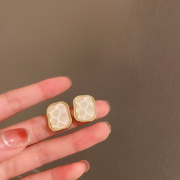 

925 silver needle round opal stone ear studs korean retro rectangular geometric earrings simple water ripple earrings for women, Golden