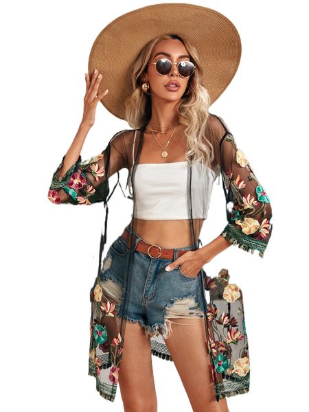 

sheer embroidered mesh kimono s036#, White;black