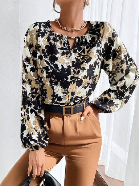 

floral print keyhole neck lantern sleeve blouse p12j#, White