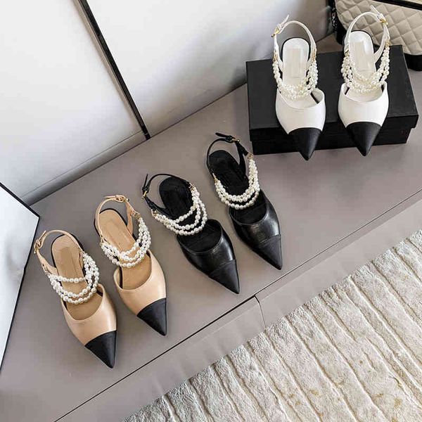 

sandals autumn style small fragrance pointed flat bottom fashion pearl single shoes back space color matching thick heel sandals, Black